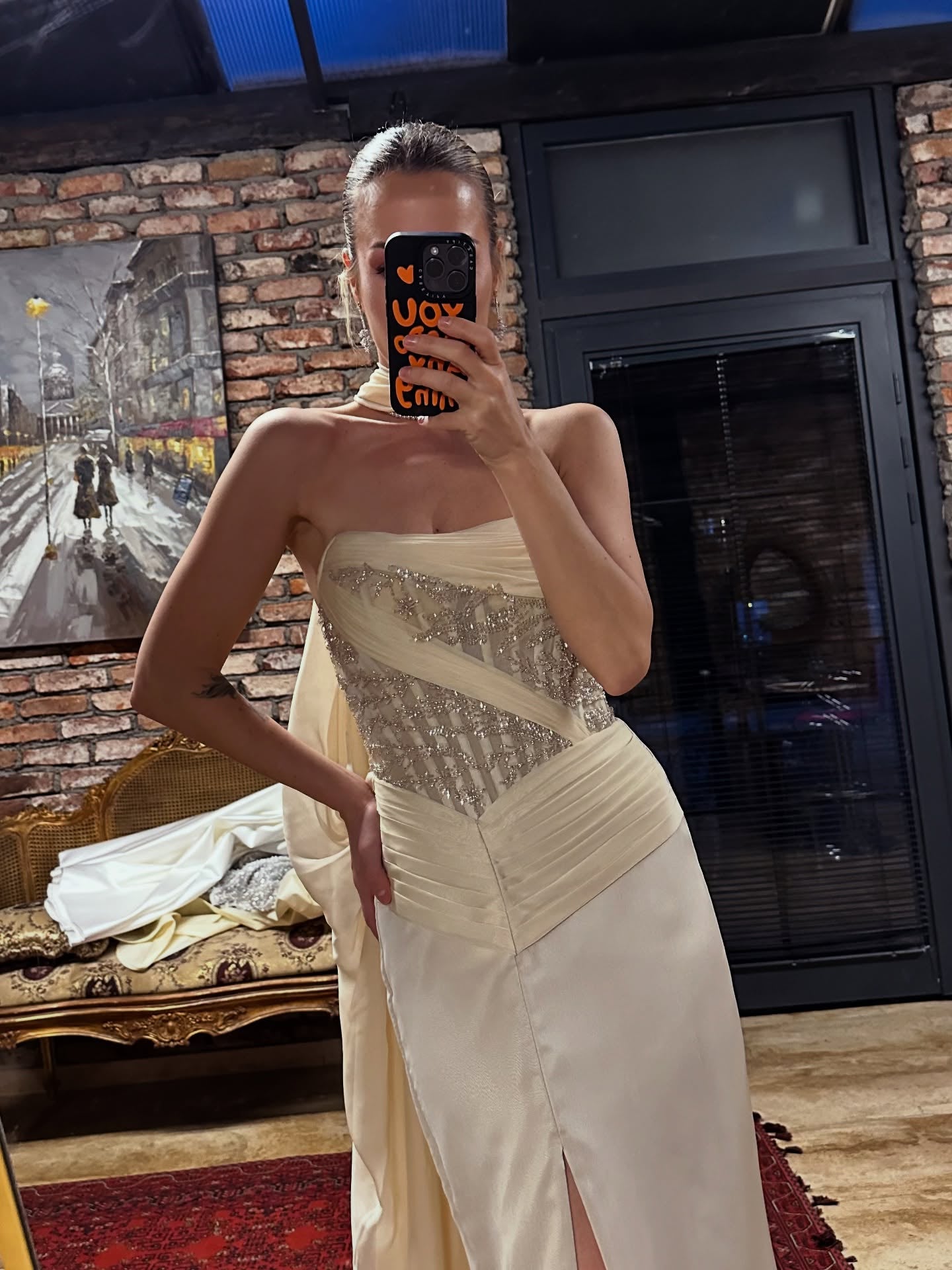 Strapless Beaded Corset Evening Gown with Cape