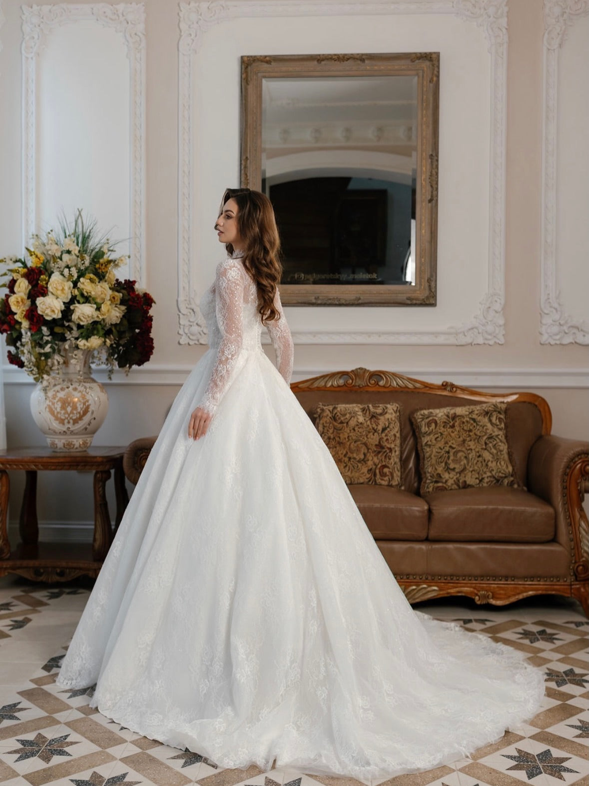 High Neck Lace Long Sleeve Ball Gown Wedding Dress