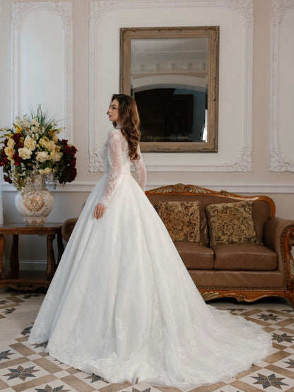 High Neck Lace Long Sleeve Ball Gown Wedding Dress