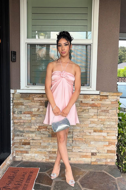 Satin Halter Mini Dress with Rosette Detail