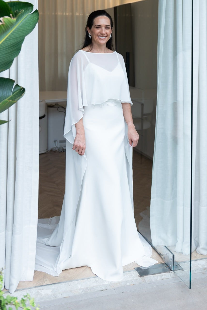 Minimalist Crepe Wedding Dress with Sheer Chiffon Cape