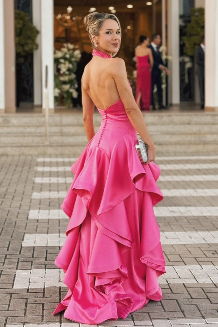 Halter High-Neck Tiered Ruffle Evening Gown