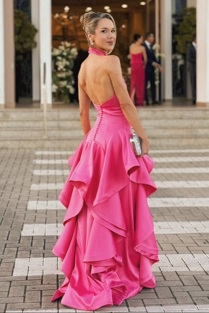 Halter High-Neck Tiered Ruffle Evening Gown