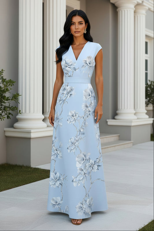 Floral V-Neck Cap Sleeve A-Line Maxi Dress