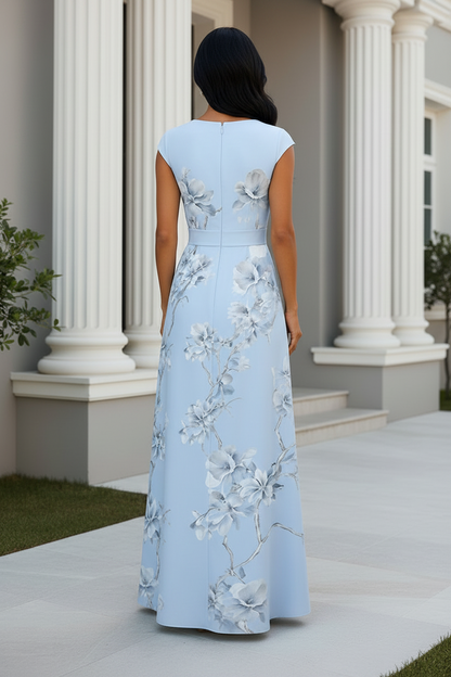 Floral V-Neck Cap Sleeve A-Line Maxi Dress