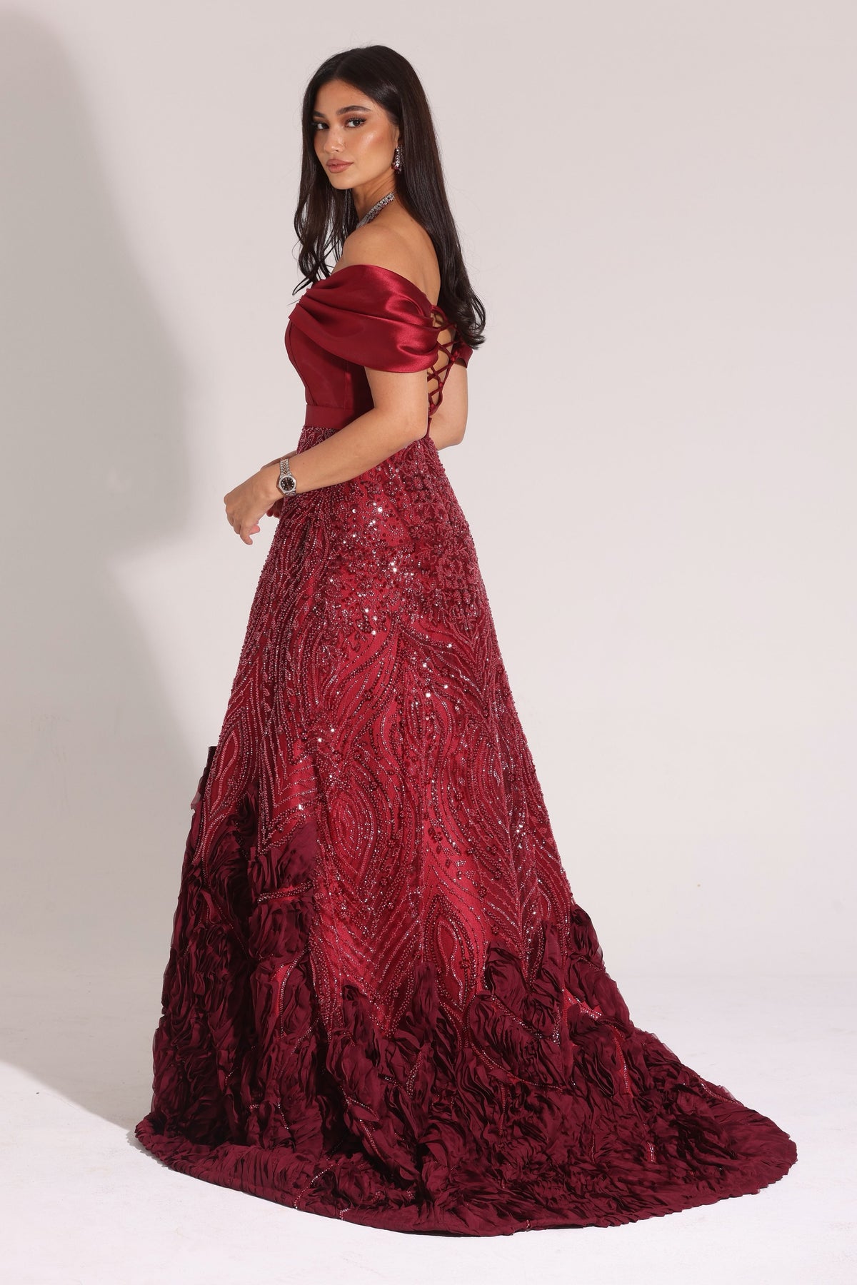 Off-the-Shoulder Beaded Evening Gown with Lace-Up Back