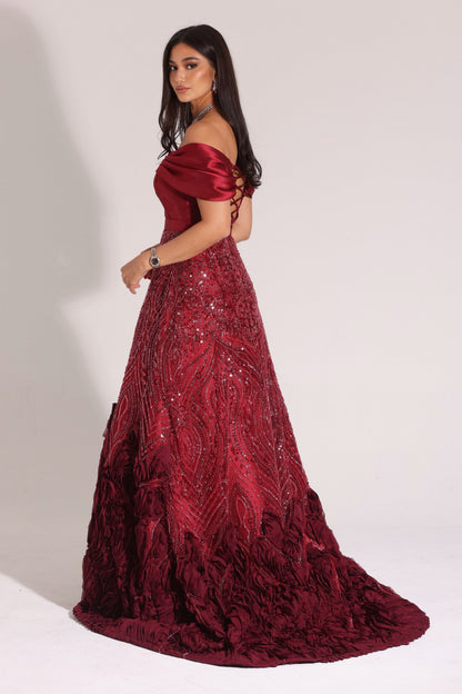 Off-the-Shoulder Beaded Evening Gown with Lace-Up Back