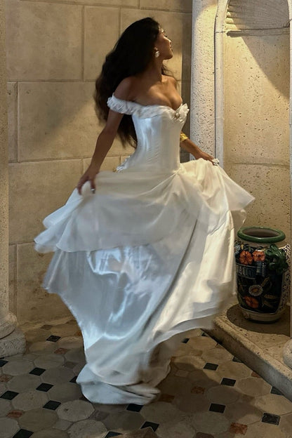 Off-the-Shoulder Corset Wedding Dress with Pick-Up Skirt