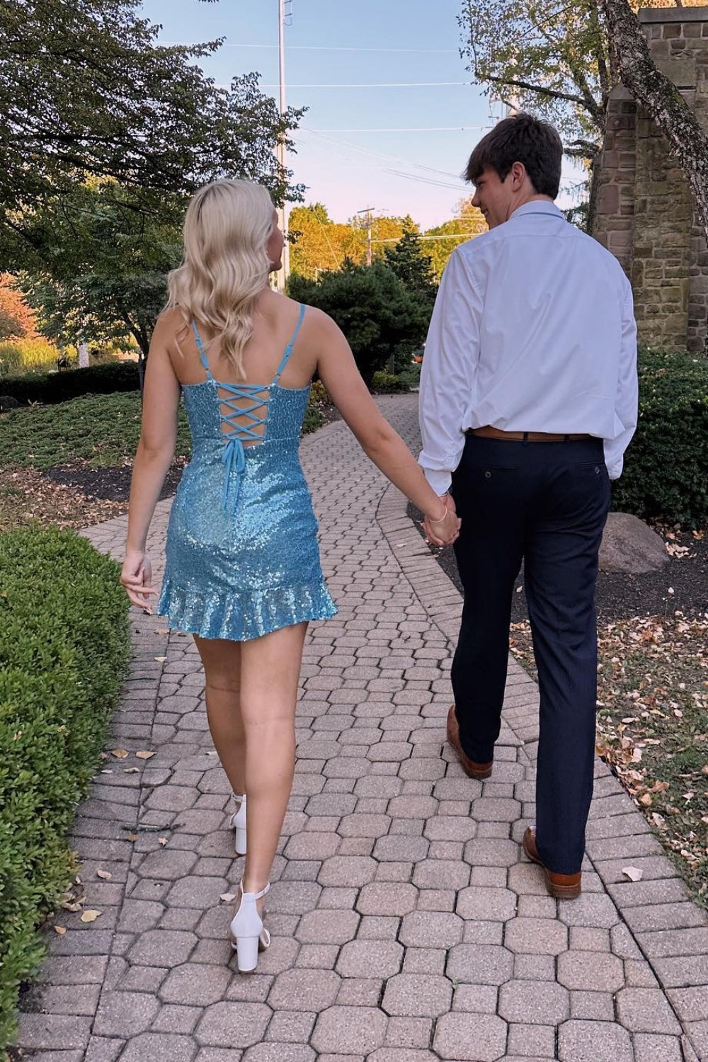 Sequin Cowl Neck Mini Dress with Lace-Up Back