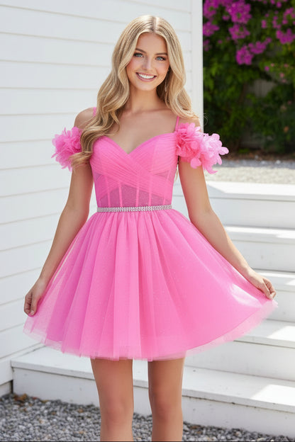 Off-the-Shoulder Glitter Tulle Mini Dress