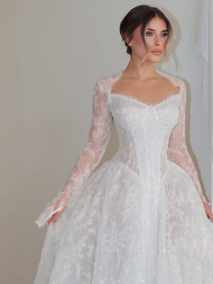 Lace Corset Long Sleeve Ball Gown Wedding Dress