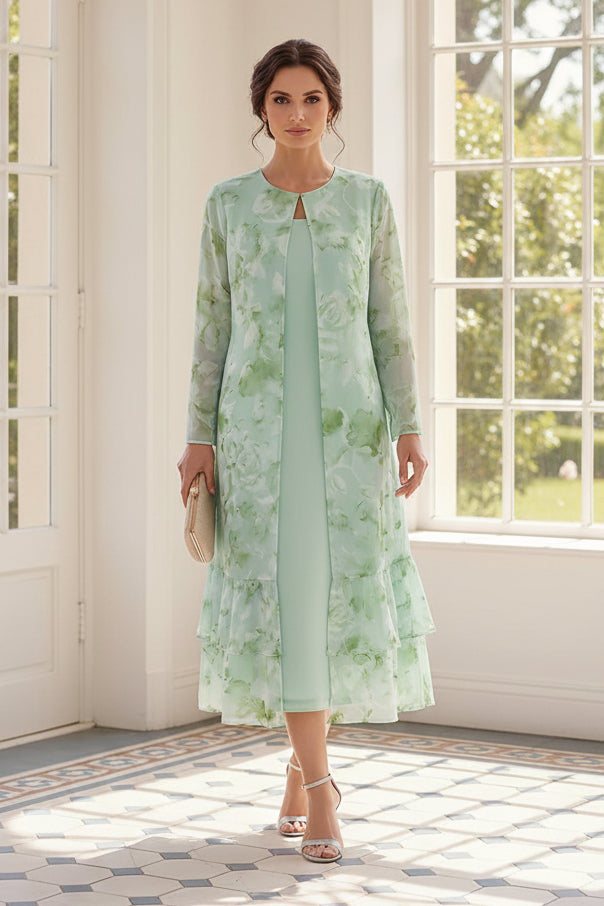 Two-Piece Sheath Dress and Floral Chiffon Jacket Set