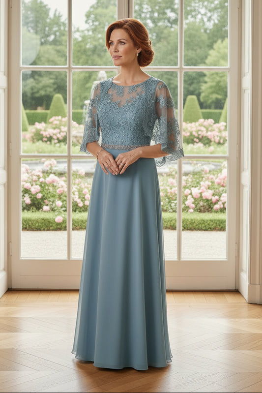 A-Line Chiffon Evening Gown with Lace Capelet