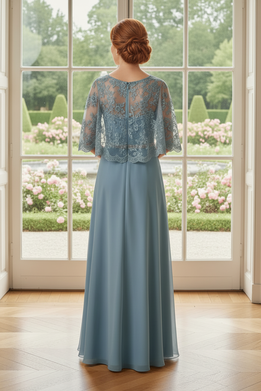A-Line Chiffon Evening Gown with Lace Capelet