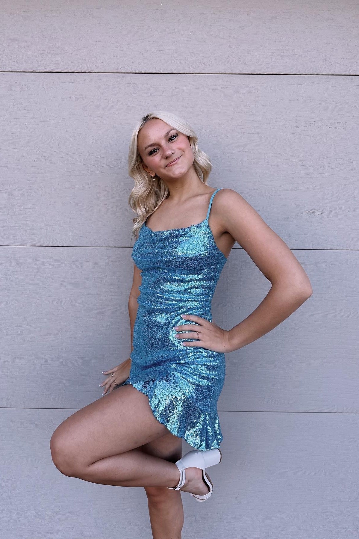 Sequin Cowl Neck Mini Dress with Lace-Up Back