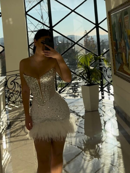 Strapless Beaded Corset Mini Dress with Feather Trim