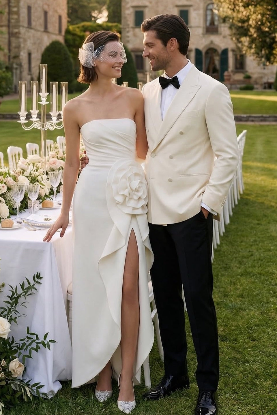 Strapless Sheath Wedding Dress with 3D Flower and Slit