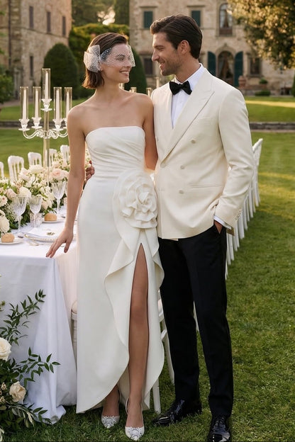 Strapless Sheath Wedding Dress with 3D Flower and Slit