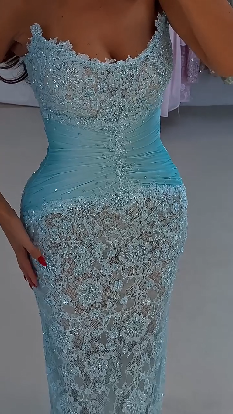 Beaded Lace Evening Gown with Ruched Waist