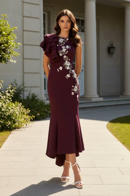 Asymmetrical Ruffled Floral Embroidered Midi Dress