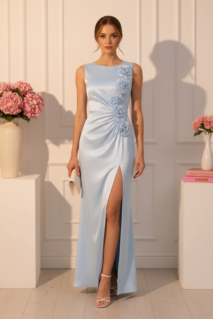 Satin Ruched Evening Gown with 3D Flowers