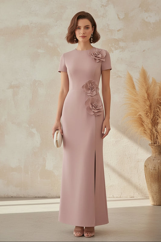Elegant 3D Floral Short Sleeve Column Gown