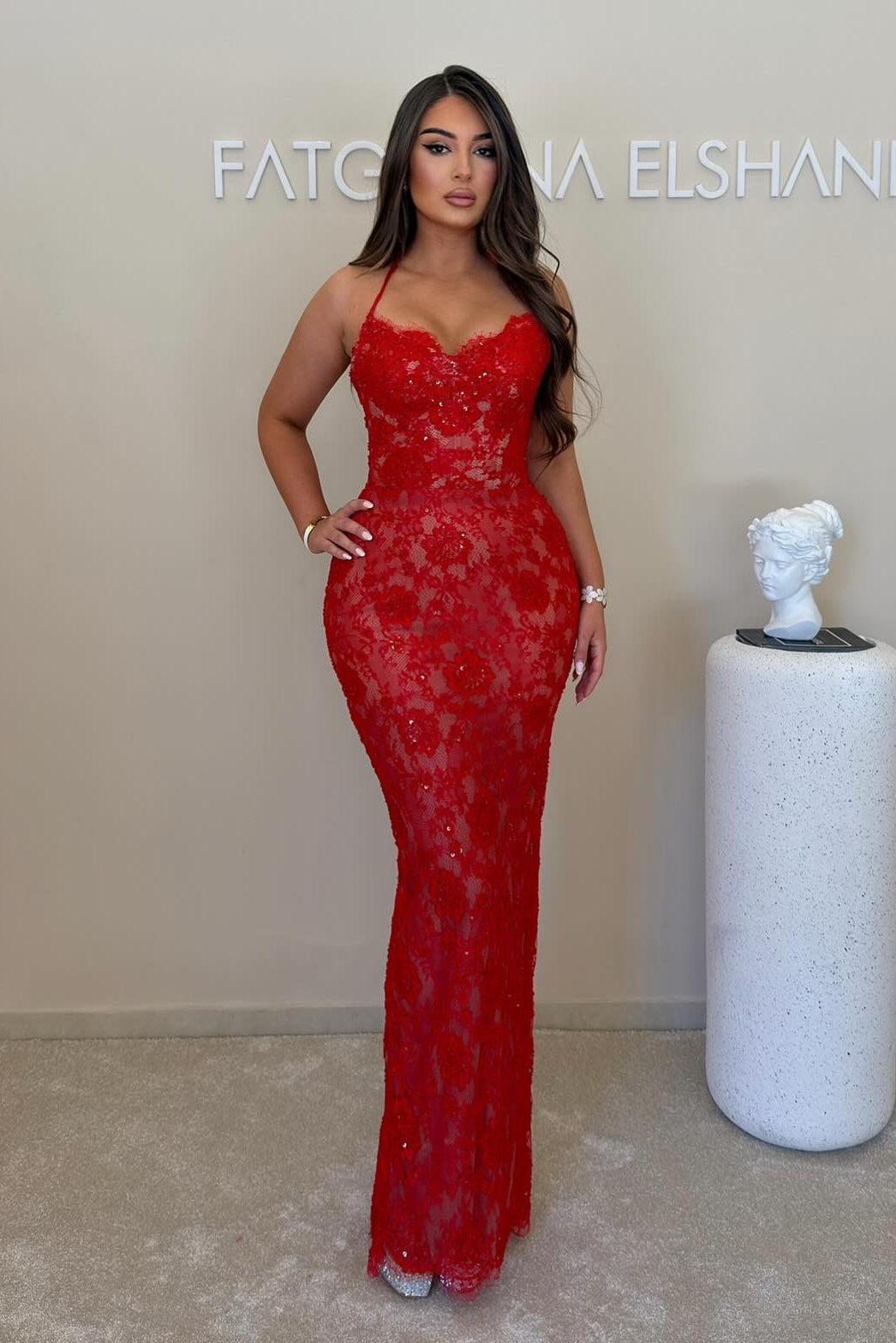 Halter Neck Lace Sheath Evening Gown