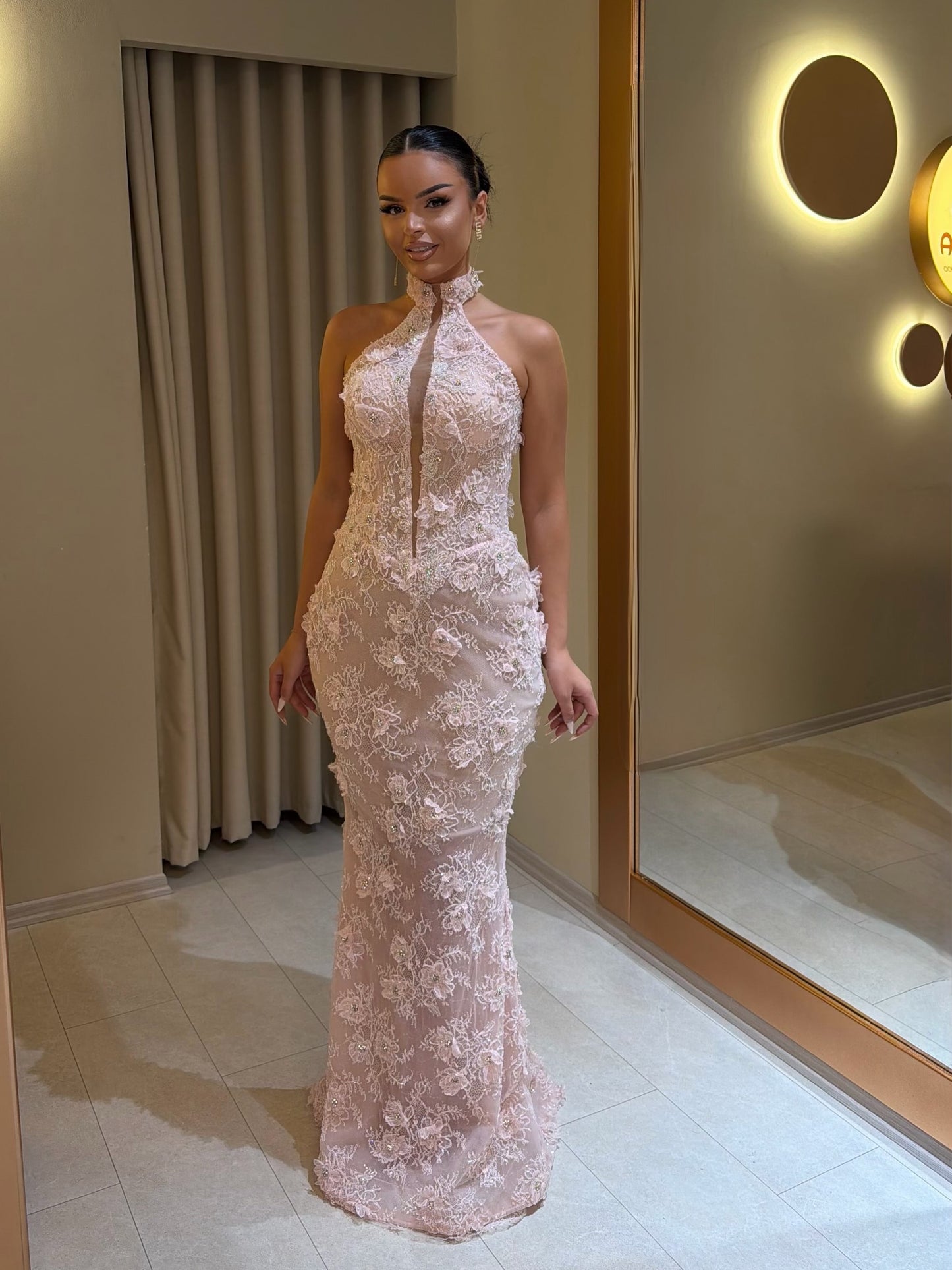 Halter Neck Lace Mermaid Gown with 3D Flowers