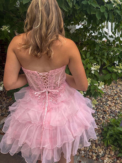 Tiered Ruffle Corset Mini Dress with Lace Bodice