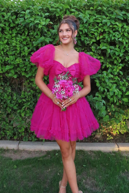 Ruffled Tulle Puff Sleeve Sweetheart Mini Dress