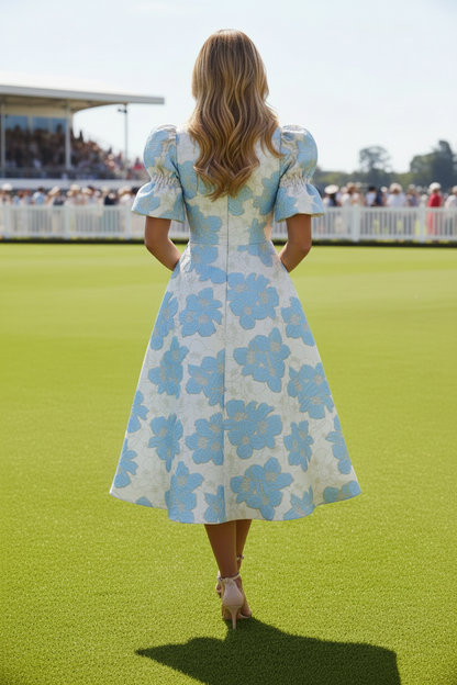 Floral Jacquard Puff Sleeve Midi Dress