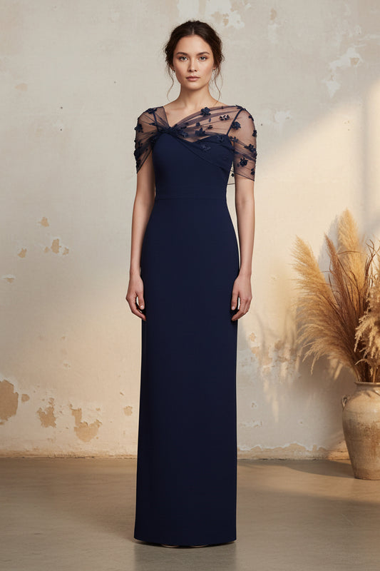Off-the-Shoulder Column Gown with 3D Florals