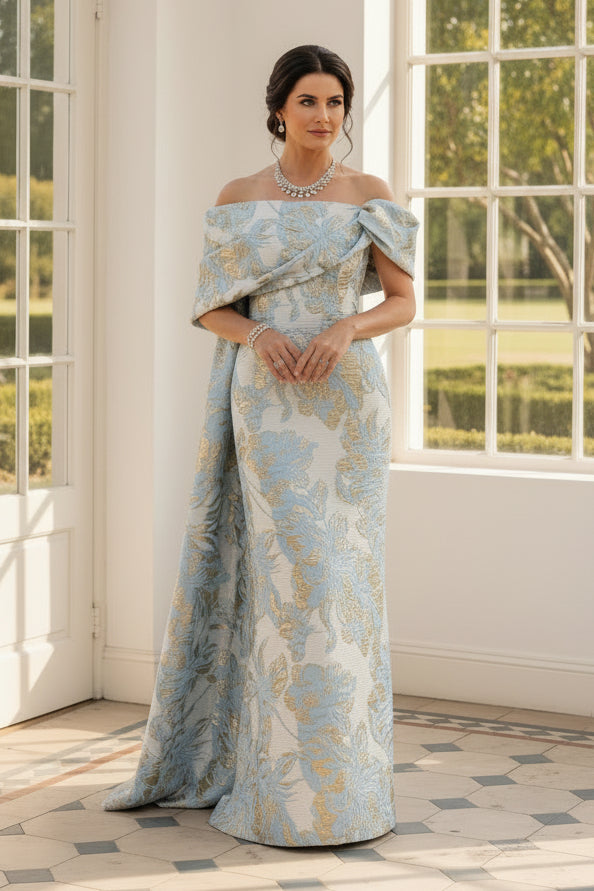 Off-the-Shoulder Jacquard Evening Gown with Cape