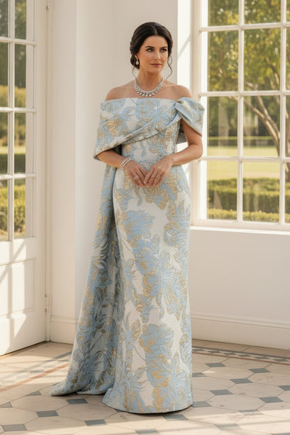 Off-the-Shoulder Jacquard Evening Gown with Cape