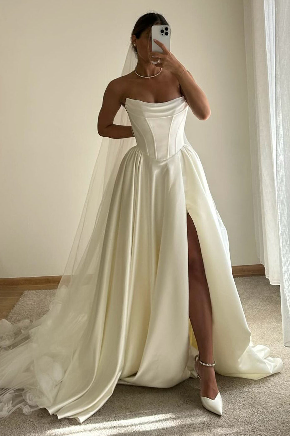 Strapless Corset Satin Wedding Dress with High Slit