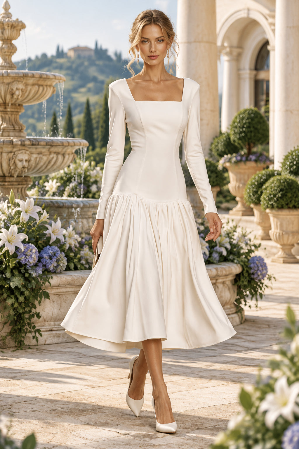 Square Neck Drop-Waist Midi Dress with Long Sleeves