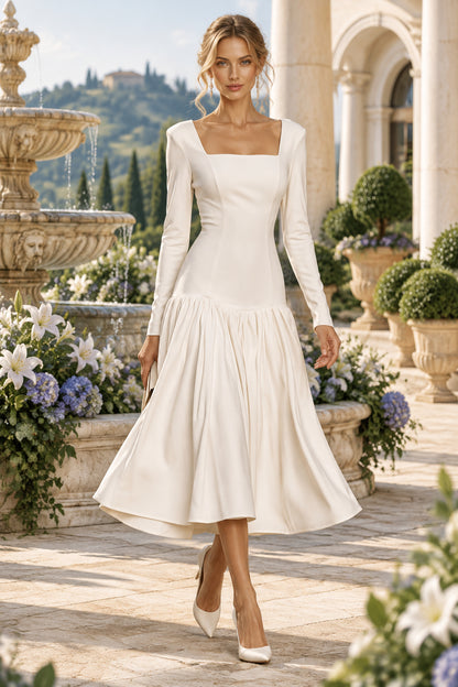Square Neck Drop-Waist Midi Dress with Long Sleeves
