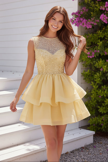 Tiered Pearl Beaded Illusion Mini Dress