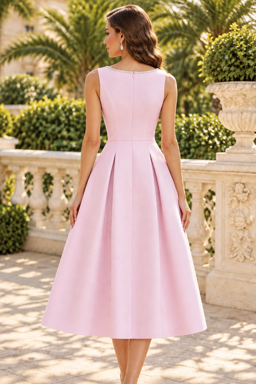 Pleated A-Line Midi Dress with Beaded Neckline