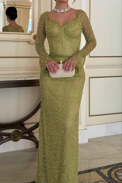 Beaded Long Sleeve Corset Bodice Evening Gown