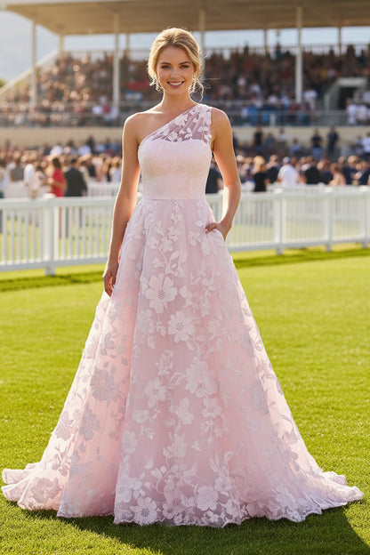 One-Shoulder Floral 3D Applique Gown with Pockets