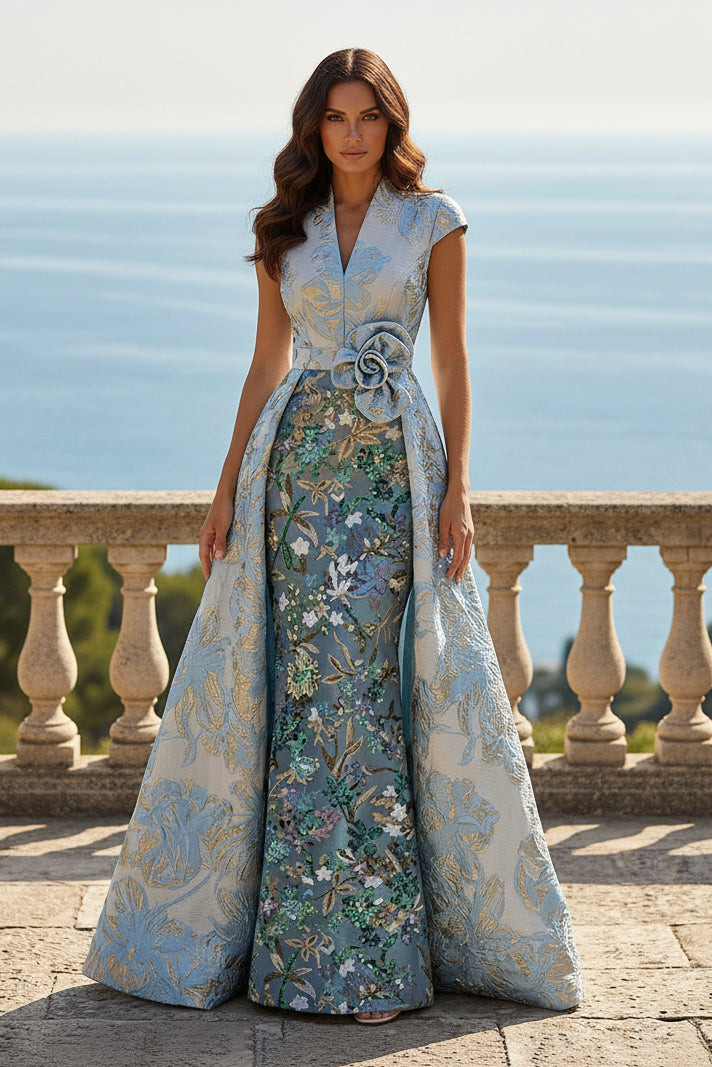 Jacquard Evening Gown with Lace Column Skirt