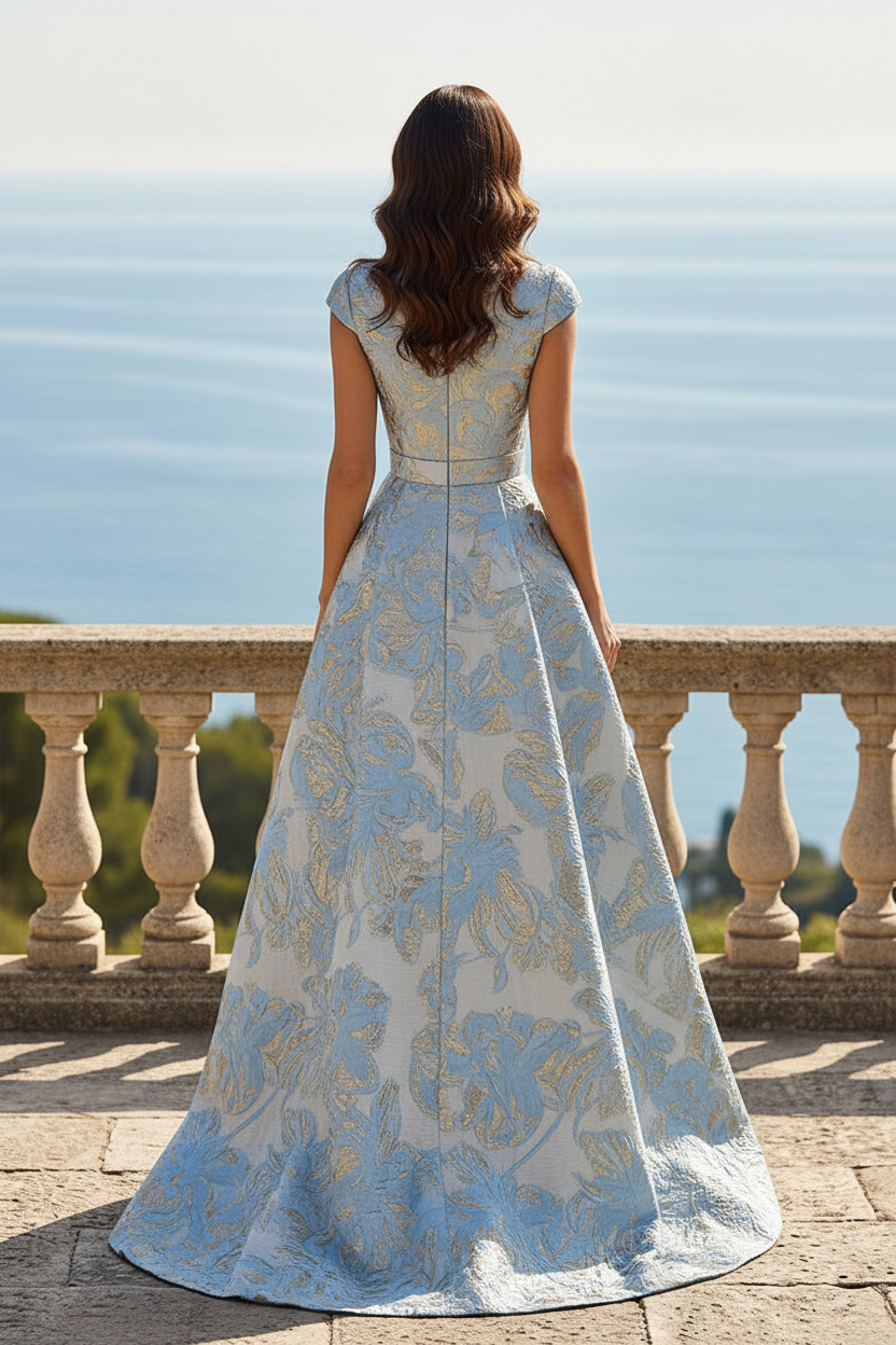 Jacquard Evening Gown with Lace Column Skirt
