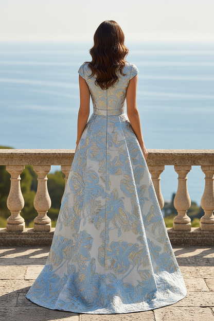 Jacquard Evening Gown with Lace Column Skirt
