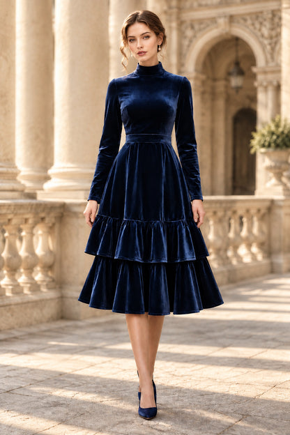 High Neck Velvet Midi Dress with Tiered Skirt
