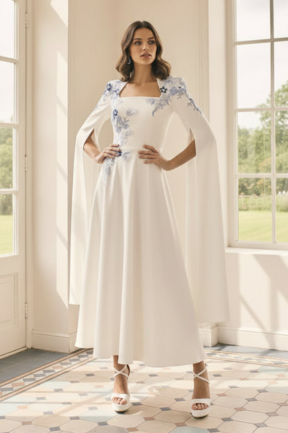 Embroidered Cape Sleeve A-Line Midi Dress