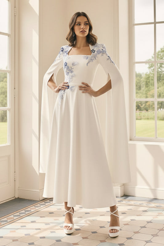 Embroidered Cape Sleeve A-Line Midi Dress