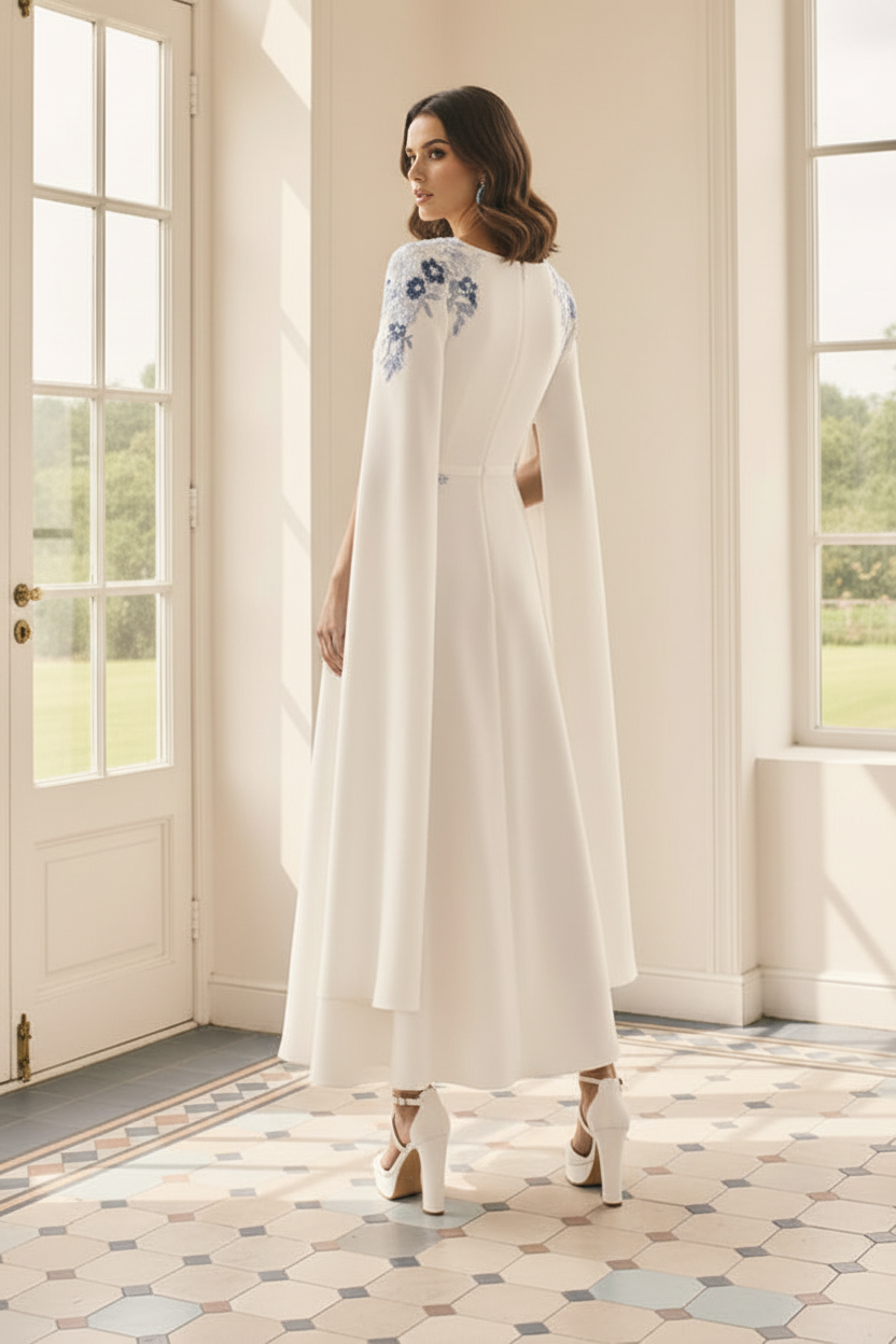 Embroidered Cape Sleeve A-Line Midi Dress