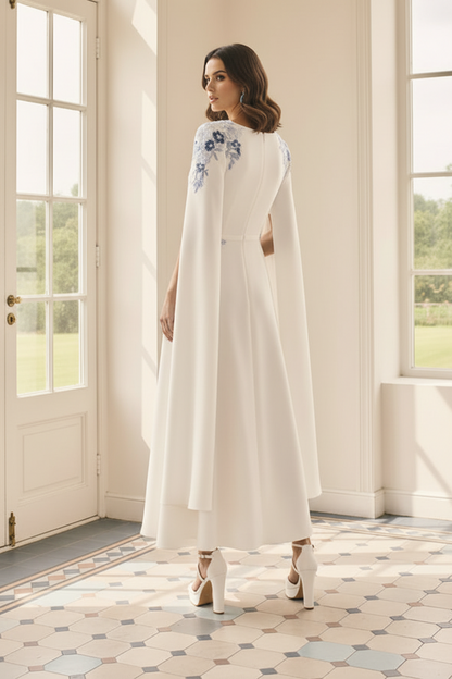 Embroidered Cape Sleeve A-Line Midi Dress