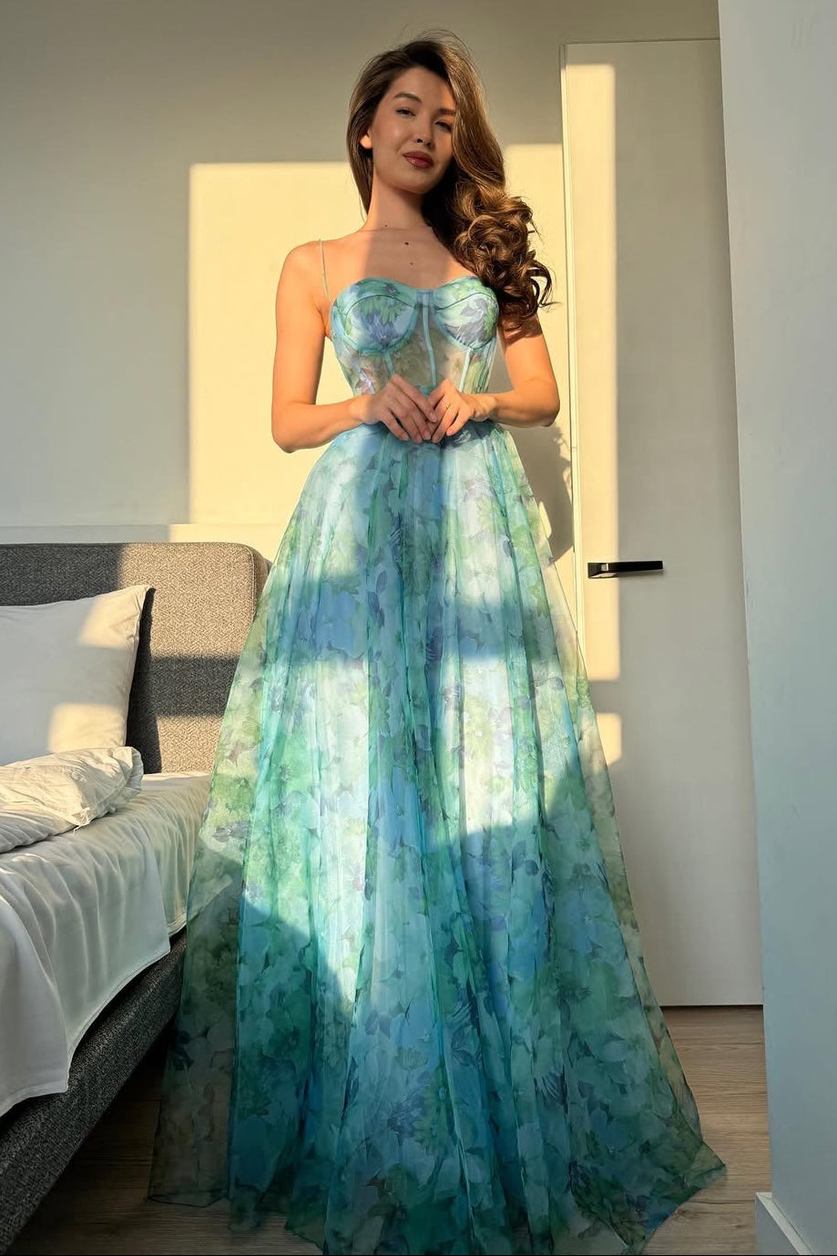 Floral Print Corset Evening Gown